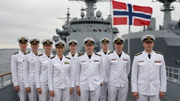 En gruppe marinepersonell i uniform, stående på dekket av et krigsskip.