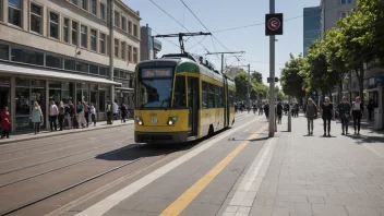 En trikkeholdeplass med en trikk og passasjerer