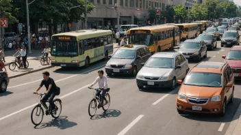 En fargerik illustrasjon av en bygate med ulike transportmidler, inkludert biler, busser og sykler, med mennesker av ulike aldre og bakgrunner som benytter dem.