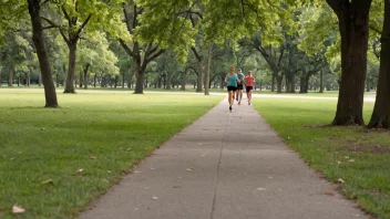 En løpebane eller sti i en park med mennesker som løper og trener.