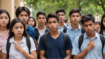 En gruppe studenter som venter på opptaksresultat på et universitetscampus.