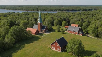 Et pittoreskt svensk landskap med tradisjonelle hus og en kirke.