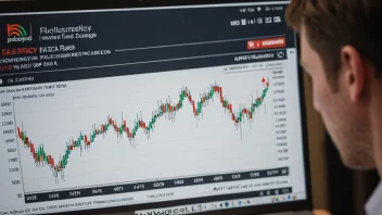 En person analyserer valutakurser på en dataskjerm, med en graf som viser fluktuasjoner i bakgrunnen.
