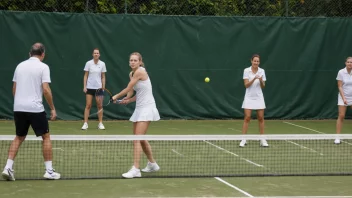 En tennisbane med spillere i aksjon og et nasjonalflagg som vifter i vinden