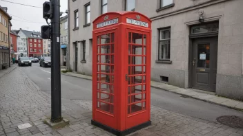 En telefonboks med en rød telefon inni som står på et gatehjørne.