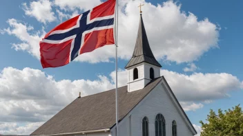 En norsk kirke med et norsk flagg som vifter i vinden.