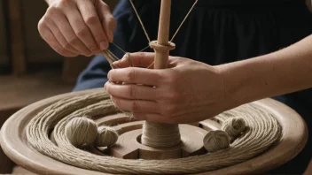 En person som spinner garn eller tråd, med et spinnhjul eller en spindel i bakgrunnen.