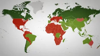 Et verdenskart som viser land med høy gjeld i rødt og lav gjeld i grønt.