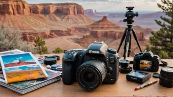 Et fotografi som viser kunsten bak farvefotografi, med et kamera og utstyr i forgrunnen og et fargerikt landskap i bakgrunnen.