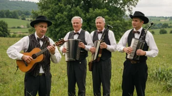 En gruppe folkemusikere som spiller tradisjonelle instrumenter i en landlig setting.