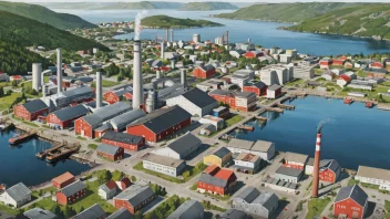 En illustrasjon av en norsk industrikommune med en blanding av gamle og nye bygninger, fabrikker og infrastruktur.