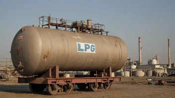 En stor tank med en skilt som sier LPG, med en fabrikk eller industriell anlegg i bakgrunnen