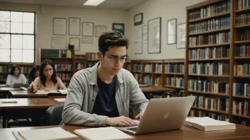 En student i et bibliotek, omgitt av symboler på utdanning og kvalifikasjon.