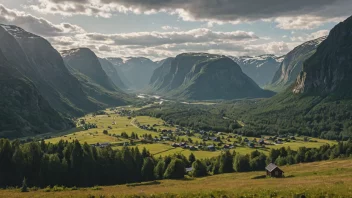 Et malerisk landskap av en norsk dal med en liten landsby i bakgrunnen