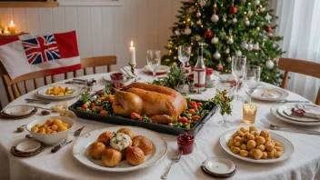 En fargerik illustrasjon av et festbord med tradisjonell norsk mat, dekorasjoner og en kalender i bakgrunnen med markerte helligdager.