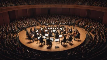 En orkestergrav i en konsertsal, med musikere sittende og spillende instrumentene sine.