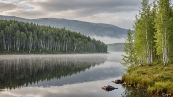 En malerisk utsikt over et norsk landskap preget av bjørketrær.