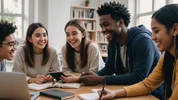 En gruppe studenter fra ulike bakgrunner og kulturer samlet sammen, ler og chatter, med bøker og laptoper i nærheten, i en koselig og moderne universitetsmiljø.