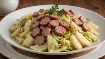 En tallerken med båndsalat, en tradisjonell norsk rett laget med poteter, kål og pølse.