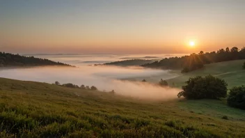 En fredelig morgenscene med tåkete morgentåke og soloppgang.