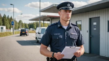 En norsk tollbetjent i uniform, stående foran en grenseovergang.