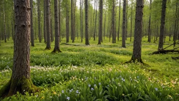 Et fredelig og levende skoglandskap om våren, som viser naturens skjønnhet.