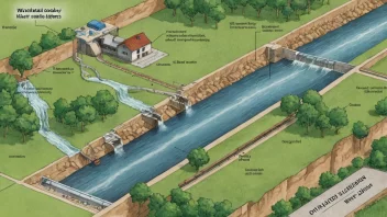 En illustrasjon av et vassdrag med en kontrollert vannstand, som viser de forskjellige komponentene av vannregulering.