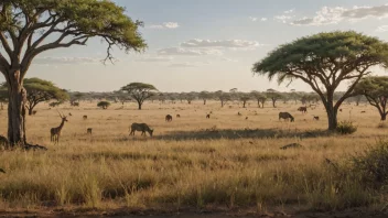 Et savannelandskap med gras og spredte trær, med dyr som vandrer i det fjerne.