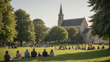 En fredelig søndagsscene med en kirke og mennesker som slapper av.