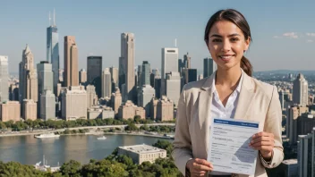 En hotellresepsjonist som holder en tillatelse eller lisens med en bysilhuett i bakgrunnen, illustrerer konseptet med en tillatelse eller lisens til å tilby overnattingstjenester.