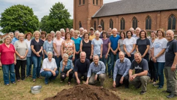 En gruppe mennesker fra en kirkesamfunn som arbeider sammen, med en kirkebygning i bakgrunnen.