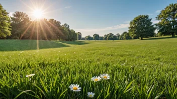 Et fredelig landskap med en solfylt himmel, grønt gress og noen blomster, som symboliserer fred og forsoning.