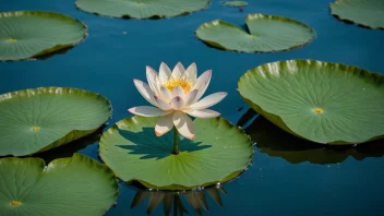 En lotusblomst i vann med grønne blader