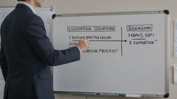 En forretningsperson som holder en koffert og står foran en whiteboard med et flytdiagram av et selskaps likvidasjonsprosess.