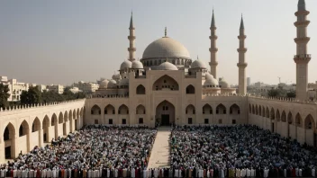 En moské med en stor kuppel og minareter, med mennesker samlet utenfor.