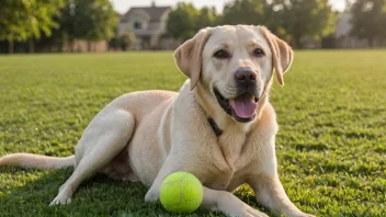 En glad labrador som leker apport på en solfylt dag.