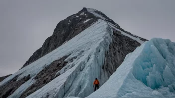 Et bilde av en skarp iskant på et fjell, med en person i bakgrunnen