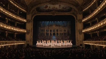 Et storslått operahus med en ballettforestilling på scenen, med dansere i detaljerte kostymer og et levende orkester i orkestergraven.