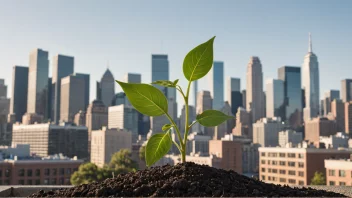 Et bilde som representerer økonomisk vekst og utvikling, med en voksende plante i forgrunnen og en bysilhuett i bakgrunnen.