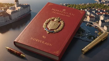 En illustrasjon av en norsk lov bok med rød omslag og et gyllent emblem.