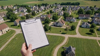 Et landlig område med spredte hus og et kommunehus i sentrum, med en sjekkliste eller en clipboard i forgrunnen.