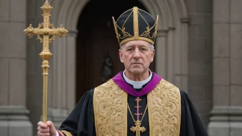 En biskop i tradisjonell drakt, med en mitra og en bispestav, stående foran en kirke i Oslo.