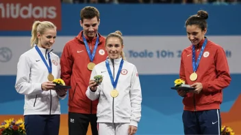 En medaljefordelings-seremoni hvor utøvere mottar medaljer på et podium.