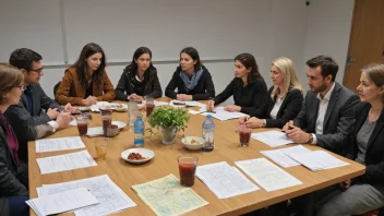 En gruppe mennesker fra ulike land og kulturer samlet rundt et bord, diskuterer og planlegger hvordan de kan hjelpe flyktninger og asylsøkere.