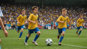 En gruppe unge gutter som spiller fotball på et stadion med en stor folkemengde som heier dem frem.