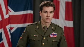 En person i militær uniform står foran et norsk flagg.