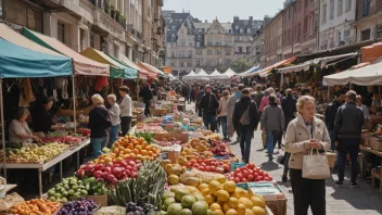 Et fargerikt markedsscenario med en rekke produkter til salgs, inkludert ferske varer, håndverk og suvenirer.