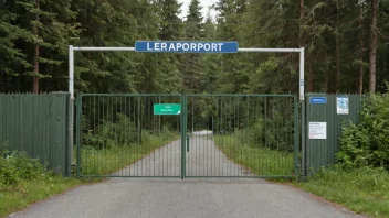 En militær-stil port med en skilt som leser 'Leirport' på norsk.