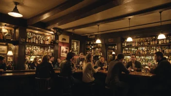 En varm og invitende pub med en bar og bord, hvor mennesker ler og chatter over drinks.