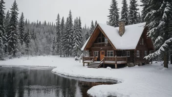 En fredelig vinter scene med en hytte og en frossen innsjø.